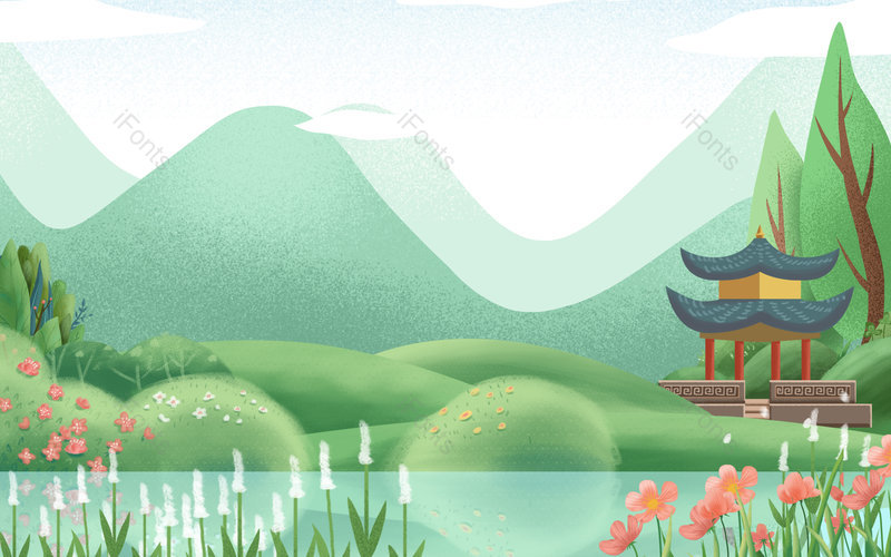 卡通手绘青山亭台楼阁河流手绘背景,插画/手绘图,插画/手绘图库,插画/手绘图下载,插画/手绘